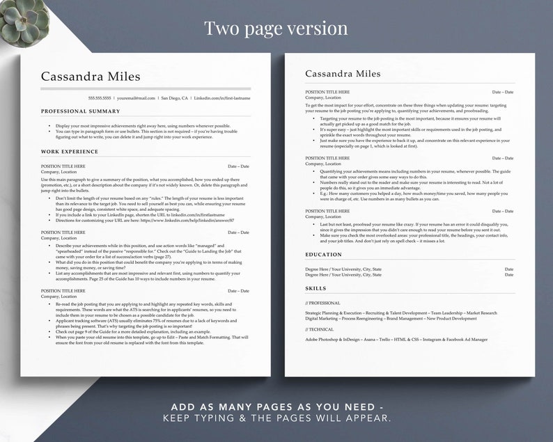 Op de afbeelding: Een cv-sjabloon van twee pagina's met een professioneel ontwerp. Het sjabloon bevat secties voor een professionele samenvatting, werkervaring, opleiding en vaardigheden. Het cv is ontworpen om sollicitanten te helpen een visueel aantrekkelijke en informatieve cv te maken.
