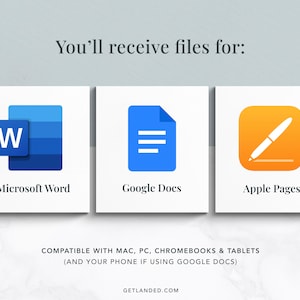May include: Three icons representing different word processing programs: Microsoft Word, Google Docs, and Apple Pages. The icons are blue, light blue, and orange, respectively. The text below the icons reads "You'll receive files for:" and "COMPATIBLE WITH MAC, PC, CHROMEBOOKS & TABLETS (AND YOUR PHONE IF USING GOOGLE DOCS)".