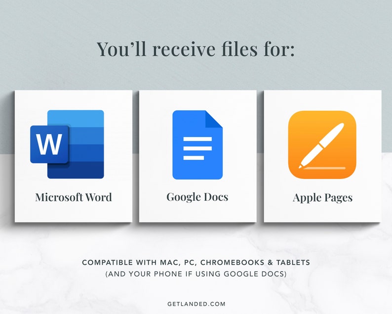 May include: Three icons representing different word processing programs: Microsoft Word, Google Docs, and Apple Pages. The icons are blue, light blue, and orange, respectively. The text below the icons reads "You'll receive files for:" and "COMPATIBLE WITH MAC, PC, CHROMEBOOKS & TABLETS (AND YOUR PHONE IF USING GOOGLE DOCS)".