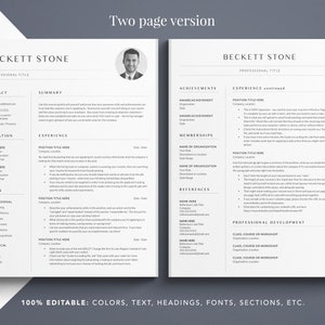 May include: A two-page black and white resume template with the name Beckett Stone at the top of each page. The resume includes sections for contact information, education, skills, summary, experience, achievements, memberships, references, and professional development.
