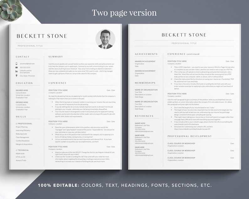 May include: A two-page black and white resume template with the name Beckett Stone at the top of each page. The resume includes sections for contact information, education, skills, summary, experience, achievements, memberships, references, and professional development.