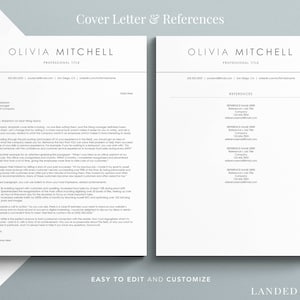K&ouml;nnte beinhalten: Eine schwarz-wei&szlig;e Vorlage f&uuml;r ein Anschreiben und Referenzen f&uuml;r Olivia Mitchell. Das Anschreiben ist eine Standardvorlage mit einem Beispielschreiben und die Referenzseite enth&auml;lt eine Liste von Referenzen mit ihren Namen, Berufsbezeichnungen, Telefonnummern und E-Mail-Adressen.