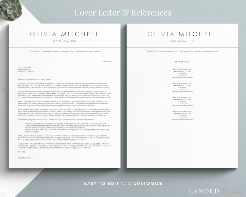 K&ouml;nnte beinhalten: Eine schwarz-wei&szlig;e Vorlage f&uuml;r ein Anschreiben und Referenzen f&uuml;r Olivia Mitchell. Das Anschreiben ist eine Standardvorlage mit einem Beispielschreiben und die Referenzseite enth&auml;lt eine Liste von Referenzen mit ihren Namen, Berufsbezeichnungen, Telefonnummern und E-Mail-Adressen.