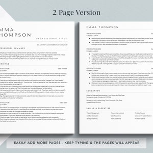 May include: A two-page resume template with the name Emma Thompson at the top of each page. The resume includes sections for professional summary, experience, education, and skills and expertise. The template is designed to be easily edited and customized.