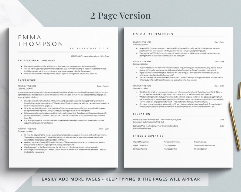 May include: A two-page resume template with the name Emma Thompson at the top of each page. The resume includes sections for professional summary, experience, education, and skills and expertise. The template is designed to be easily edited and customized.