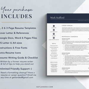 May include: A blue and white resume template with the text "Your purchase includes" and a list of items included in the purchase. The resume template is for a job applicant named Mark Stafford. The template includes a career summary, professional experience, skills, and education sections.