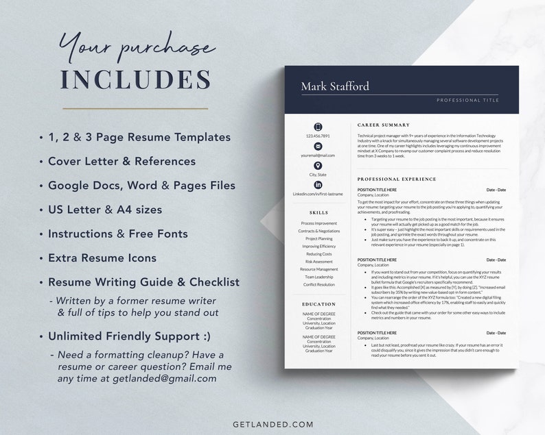 May include: A blue and white resume template with the text "Your purchase includes" and a list of items included in the purchase. The resume template is for a job applicant named Mark Stafford. The template includes a career summary, professional experience, skills, and education sections.