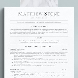 May include: A black and white resume template with the title "Matthew Stone" at the top. The resume includes sections for career summary, skills, and professional experience. The template is designed to help job seekers create a professional and effective resume.