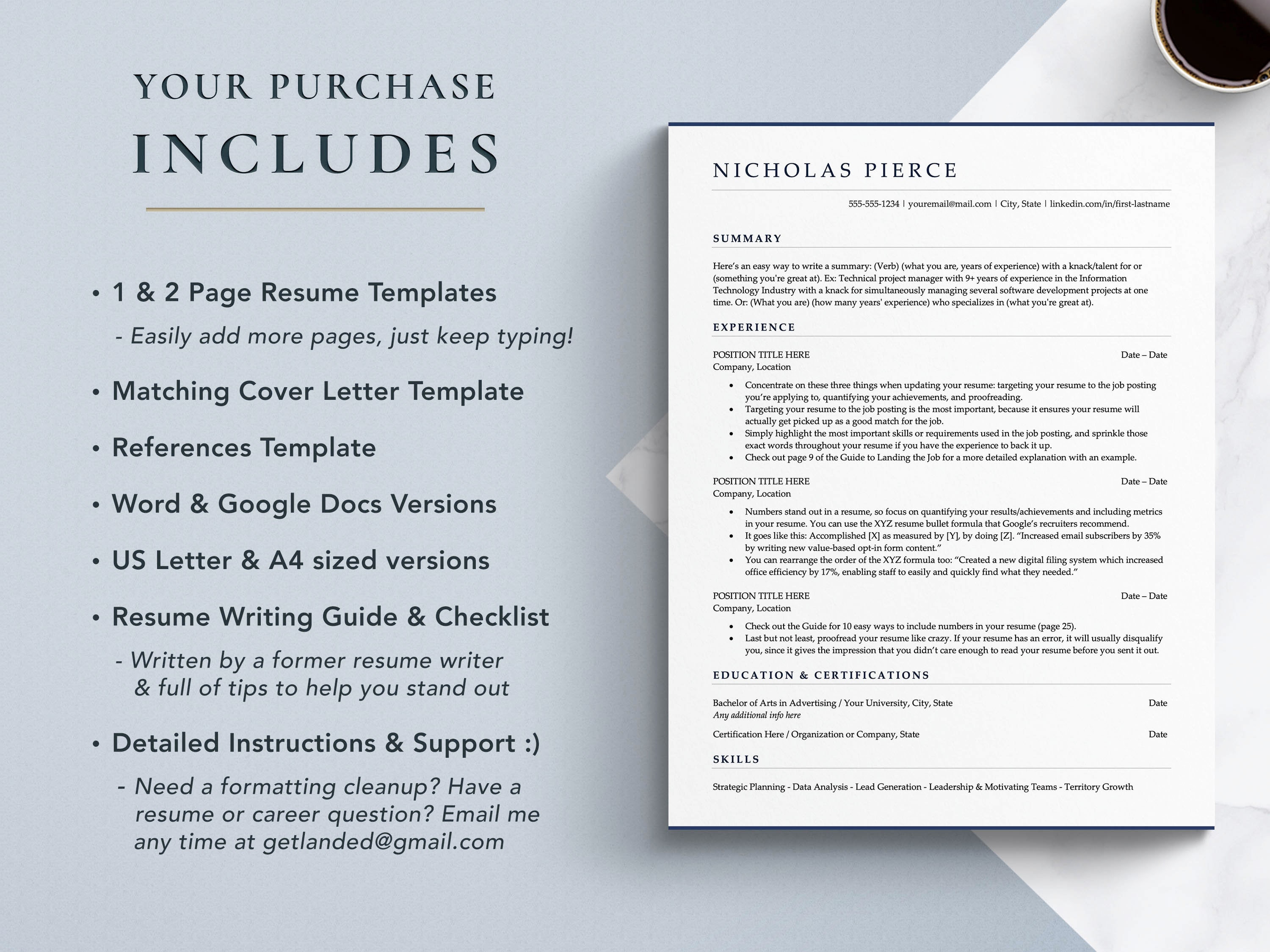 Professional Resume and Cover Letter Template for Google Docs & Word ...