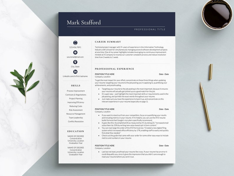 executive resume template for word, apple mac pages and google docs, manager resume template