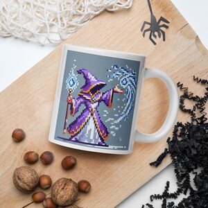 White glossy mug -  Pixel Mage Casting Ice Spell | 8-Bit Retro Wizard Pixel Art Design