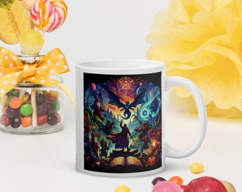 Taza de juego de rol de fantasía: regalo para gamers retro, taza de café con diseño de pixel art de un mundo de videojuegos, regalo de cumpleaños para nerds.