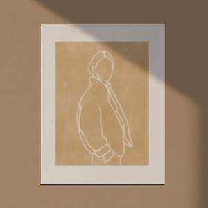 Peut inclure: Un dessin au trait d'une personne dans une veste sur un fond beige.