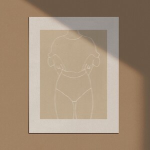 May include: A minimalist line drawing of a person in a simple outfit, printed on a beige background. The image is framed with a white border.