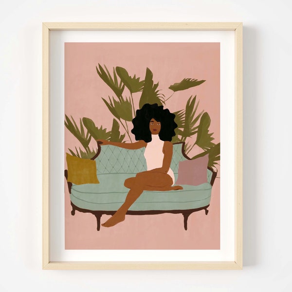 Balck woman and plants art crazy plant lady print,plants prints,plants illustration,woman illustration,plant lover gift,plant wall decor,