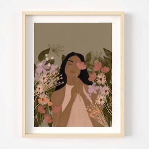 floral illustration print, woman of colour art print,bohemian print,girl art,illustration print, black woman art,wall decor,desert print