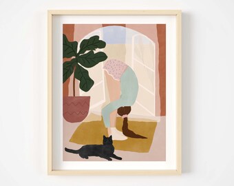 Yoga and cats print, yoga print, yoga studio decor, yoga artwork, yoga wall art, yoga gift, yoga pose print, yoga lover, cat lover art