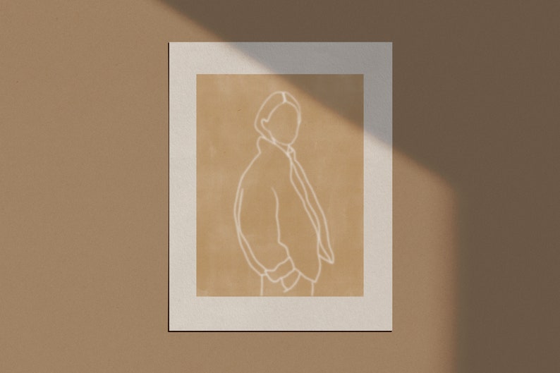 Peut inclure: Un dessin au trait d'une personne dans une veste sur un fond beige.