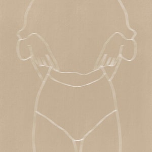 May include: A line drawing of a person in a simple t-shirt and shorts, with the arms raised as if pulling the shirt up.