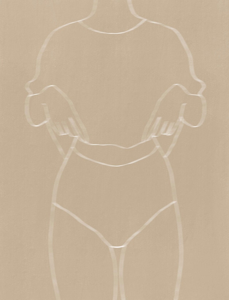 May include: A line drawing of a person in a simple t-shirt and shorts, with the arms raised as if pulling the shirt up.
