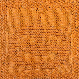 May include: A close-up of a knitted dishcloth in a bright orange color. The cloth has a textured pattern with a square shape.