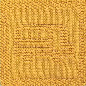May include: A yellow knitted dishcloth with a woven pattern.