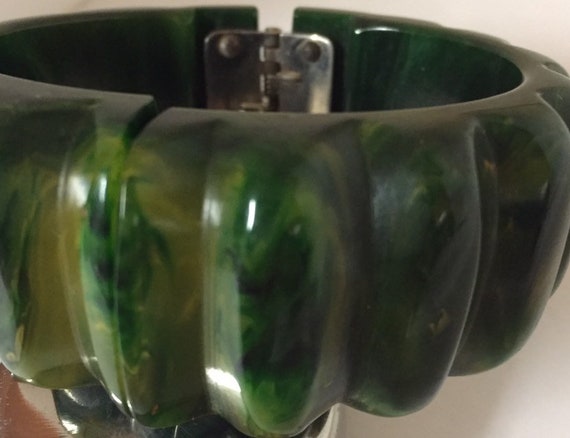 Bakelite Carved, Clamper Bracelet, Green, Yellow,… - image 5