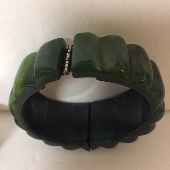 Bakelite Carved, Clamper Bracelet, Green, Yellow,… - image 8