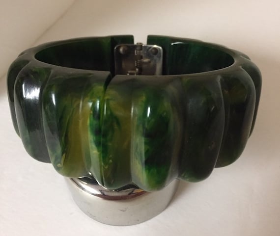 Bakelite Carved, Clamper Bracelet, Green, Yellow,… - image 1