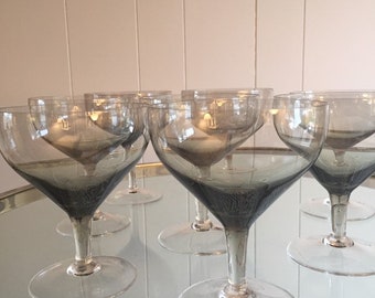 Holmgaard Stemware, Per Lutken , Denmark, Champagne Coupes, Set of 8, Smokey Grey, Midcentury Modern