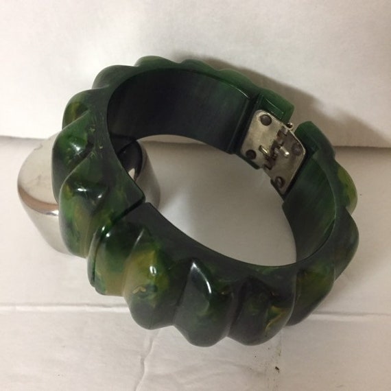 Bakelite Carved, Clamper Bracelet, Green, Yellow,… - image 7