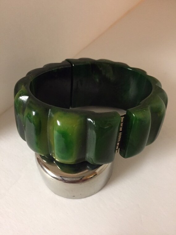 Bakelite Carved, Clamper Bracelet, Green, Yellow,… - image 4