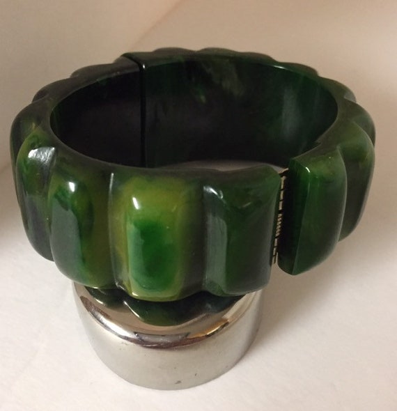 Bakelite Carved, Clamper Bracelet, Green, Yellow,… - image 9