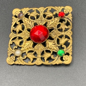 Vintage Gold Tone Brooch, Filigree With Rhinestones