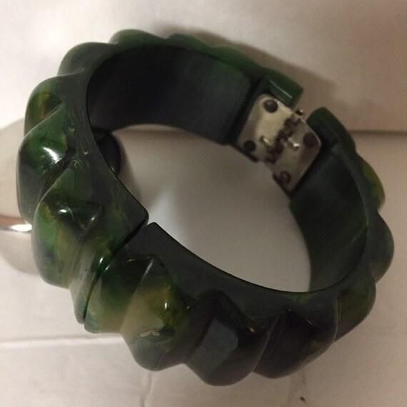 Bakelite Carved, Clamper Bracelet, Green, Yellow,… - image 3