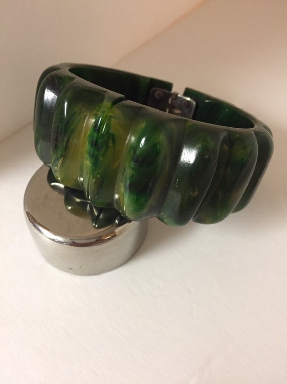 Bakelite Carved, Clamper Bracelet, Green, Yellow,… - image 2