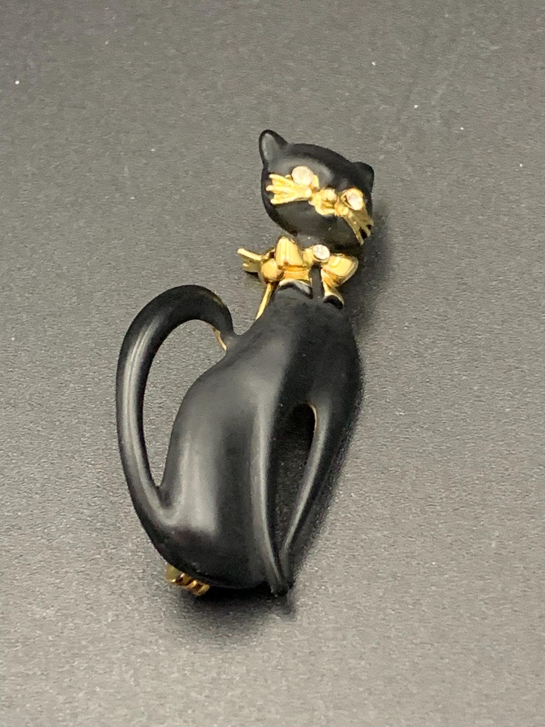 Vintage Black Cat Brooch With Rhinestones - Etsy