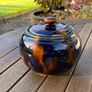 Vintage Crown Series Tobacco/Storage Stoneware Jar in Mottled Blue and Brown Tones. A Tobacciana Collectors Item.