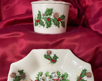 Mason's Ironstone Holiday Themed Lidded Pot and Candy/Sweets/Nibbles Dish Decorated With Holly, Berries and Pine Cones.