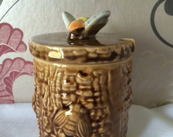 Honey Pot with Bee Decoration on Lid.  Vintage Honey Container, Made in Portugal by Secla.