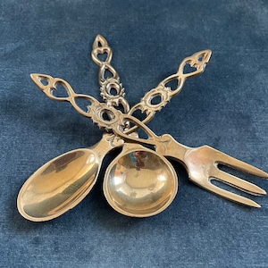 Small Brass Welsh Kitchen Utensil Set.  Welsh Vintage Brass Love Spoons and Fork Set.