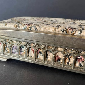 Silver Tone Metal Trinket/Jewellery Box with Woven Floral Patterned Fabric on Top. Unusual in Shape, Vintage Trinket/Dressing Table Box.