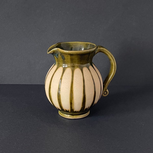 Rye Pottery, England, Striped Jug, Green Glaze on Pottery.  Vintage English Pottery Jug Decorated with Green Stripes and Green Interior.