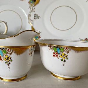 Art Deco Style Milk Jug/Creamer and Sugar Bowl Bone China Set Retailed by Lawleys of Stoke on Trent and Regent Street  London.
