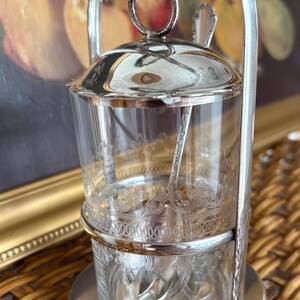 Antique Glass Jam/Preserve Pot with Silver Plated Holder, Etched Glass Insert and Spork.