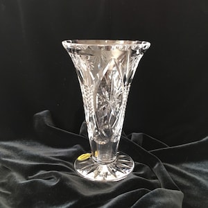 Webb Corbett Crystal Trumpet Vase. Vintage English Crystal Vase with Makers Mark on Base and Original Label Still Attached.