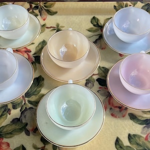 Vintage Set 6 ARCOPAL HARLEQUIN Opalescent Small Coffee Cups and Saucers.  French Iridescent Pastel Glassware with Gold Detailing.