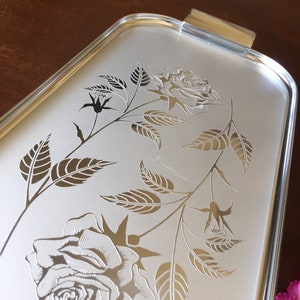 Silver Tone Metal Cocktail/Serving Tray, Embossed with Roses.  Rectangle Shaped Metal Tray with Rose Pattern Both Decorative and Useful.