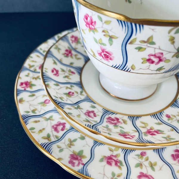 Coalport Trellis Rose Pattern Trio.  English Bone China Vintage Footed Teacup, Saucer and Plate Set with Gold Fluted Edges.