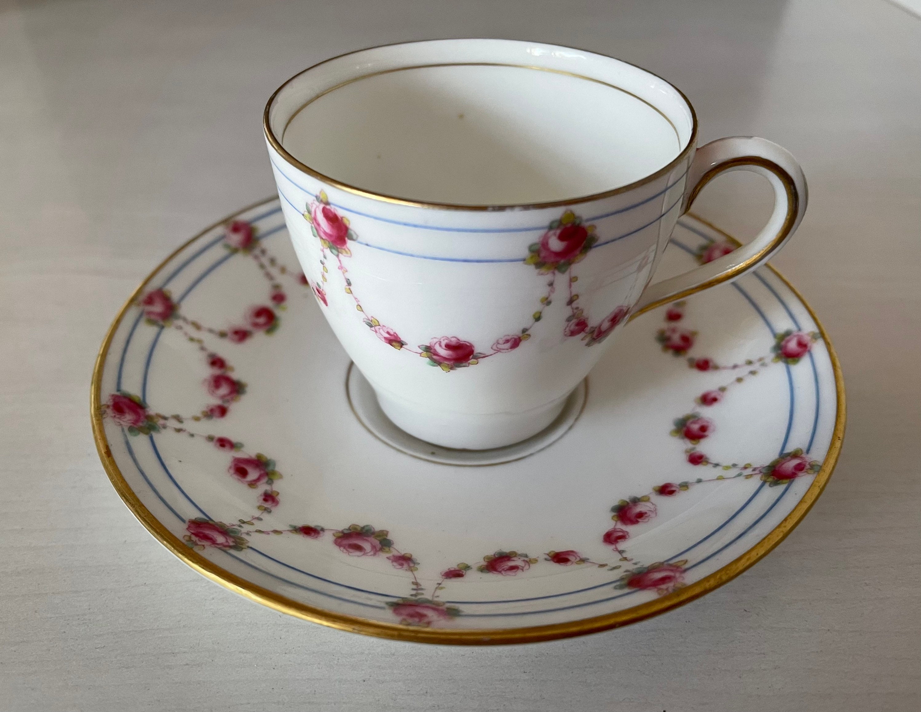 Pair of Royal Swirl Fine China Coffee/Tea Cup Rose grey w/silver trim Japan 